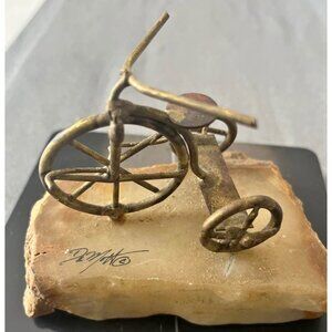 Vintage brass/copper stone tricycle paperweight art sculpture John Demott-Signed